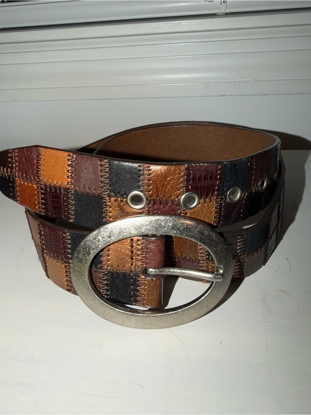 Vintage Y2K Fossil Women's Brown Patchwork Leather Oval Buckle Belt Size L
